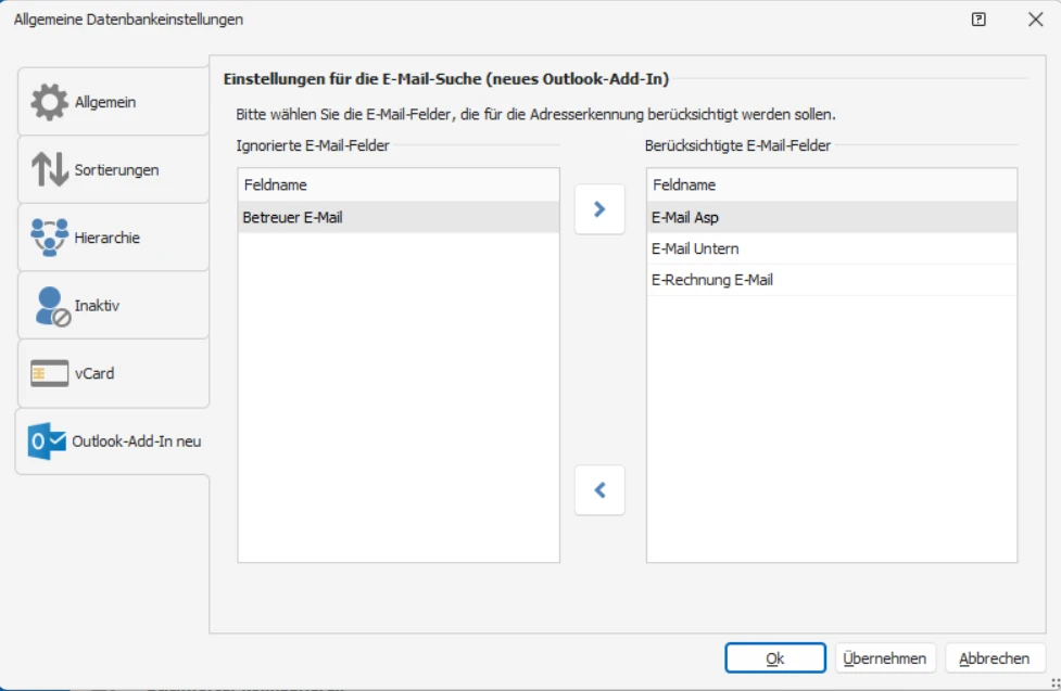 cobra Outlook Add-In Direktverbindung Einstellungen cobra CRM Datenbank Allgemeine Einstellungen
