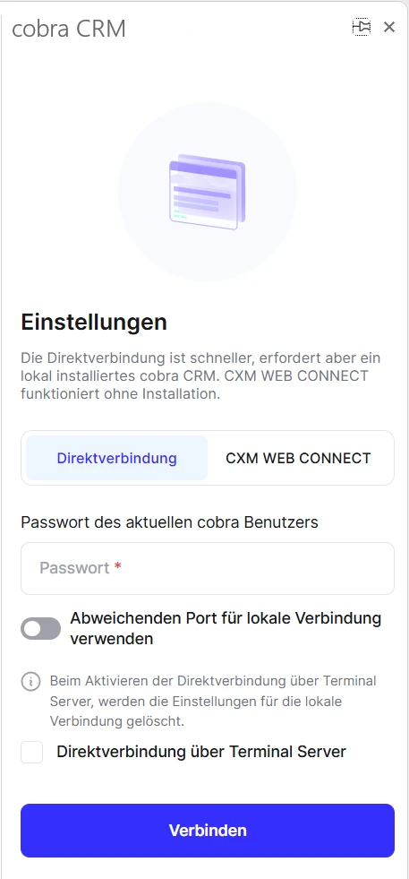 cobra Outlook Add-In Direktverbindung Einstellungen Benutzer Passwort