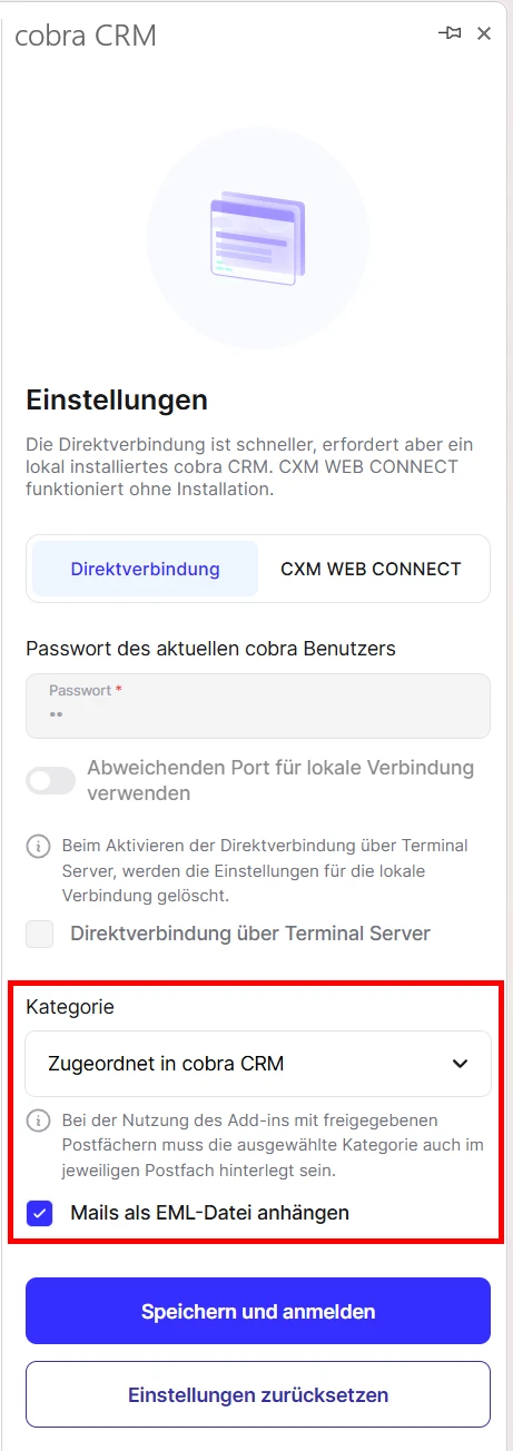 cobra Outlook Add-In Direktverbindung Einstellungen Benutzer Kategorien Anhaenge