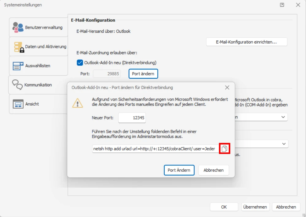 cobra Outlook Add-In Direktverbindung cobra CRM Systemweite Einstellungen Systemeinstellungen eigener Port