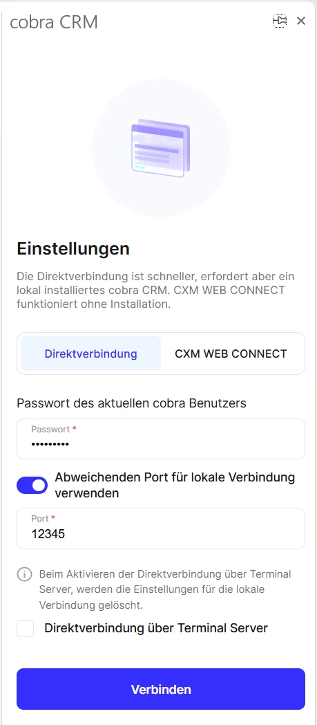 cobra Outlook Add-In Direktverbindung cobra CRM Systemweite Einstellungen Systemeinstellungen eigener Port