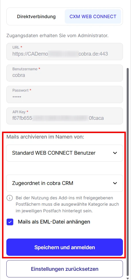 cobra Outlook Add-In Einstellungen Archivieren EML Anhang