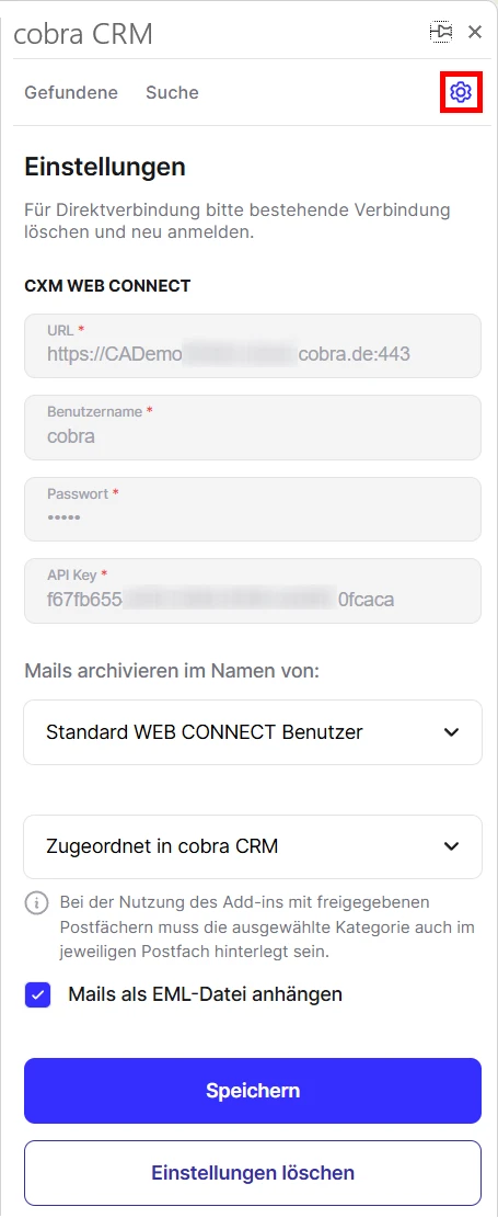 cobra Outlook Add-In Einstellungen aendern
