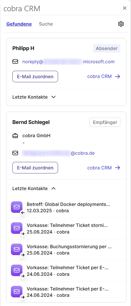 cobra Outlook Add-In Gefundene Beispiel