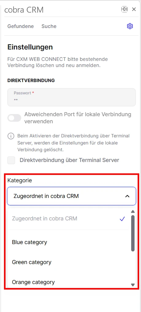 cobra Outlook Add-In Outlook Kategorie auswaehlen