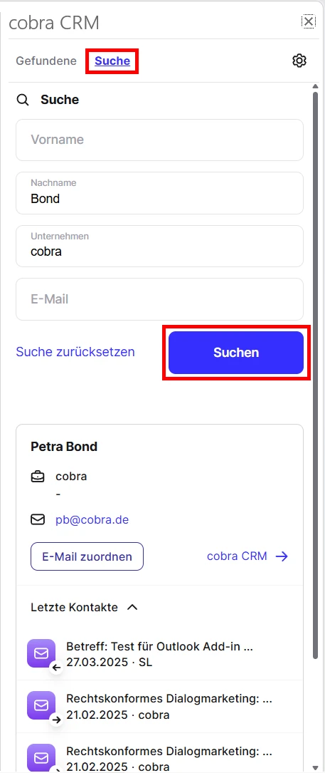 cobra Outlook Add-In Beispiel Suche