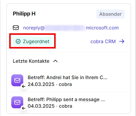 cobra Outlook Add-In Gefundene Beispiel zugeordnet