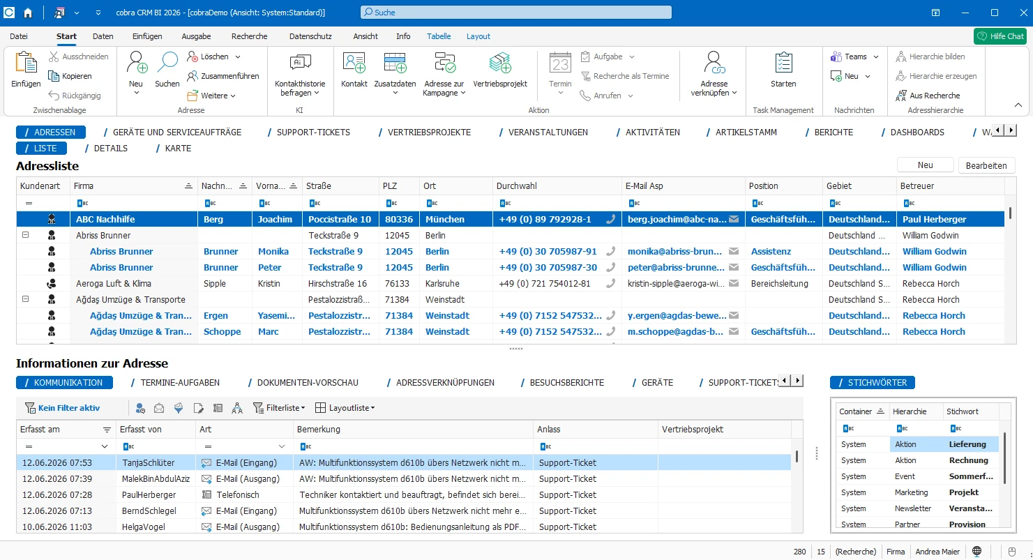 Adresstabelle in cobra CRM