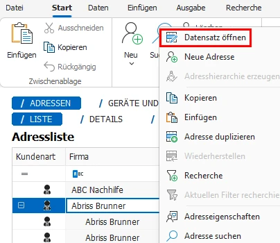 Kontextmenü »Datensatz öffnen«