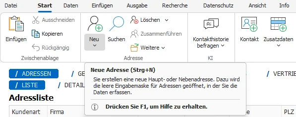 Hilfetext im Menüband