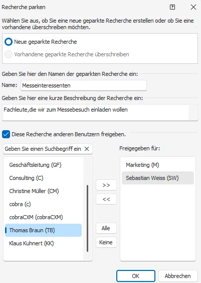Geparkte Recherche anlegen