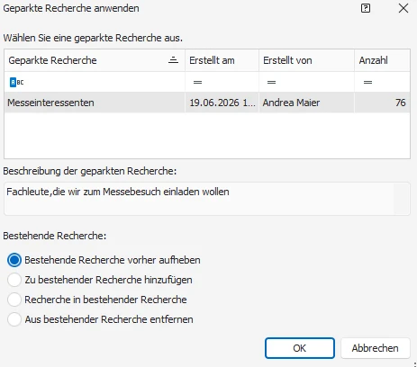 Geparkte Recherche anwenden