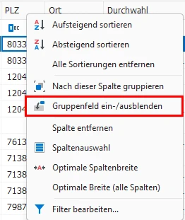 Gruppierfeld anzeigen