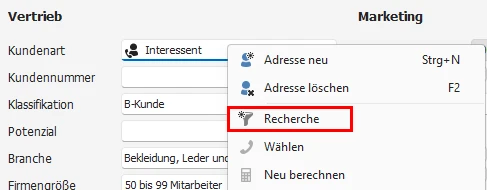 Kontextmenü Recherche