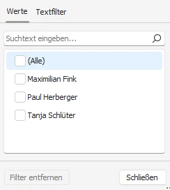 Schnellfilter Textfelder