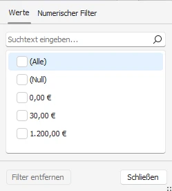Schnellfilter Zahlenfelder