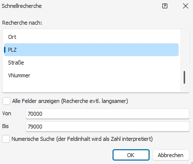 Schnellrecherche Von/Bis
