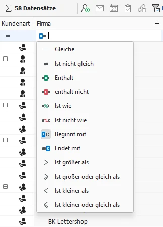 Tabellenfilter-Optionen