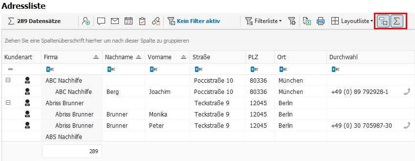 Werkzeugleiste Gruppieren/Aggregieren